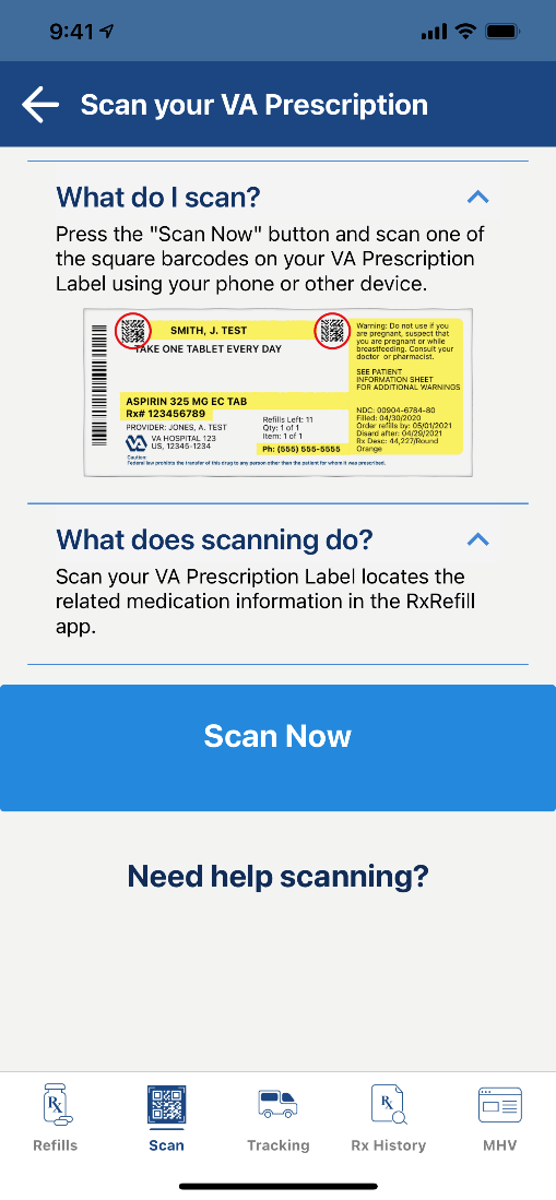 screenshot of Instructions to Scan Your VA Prescription view