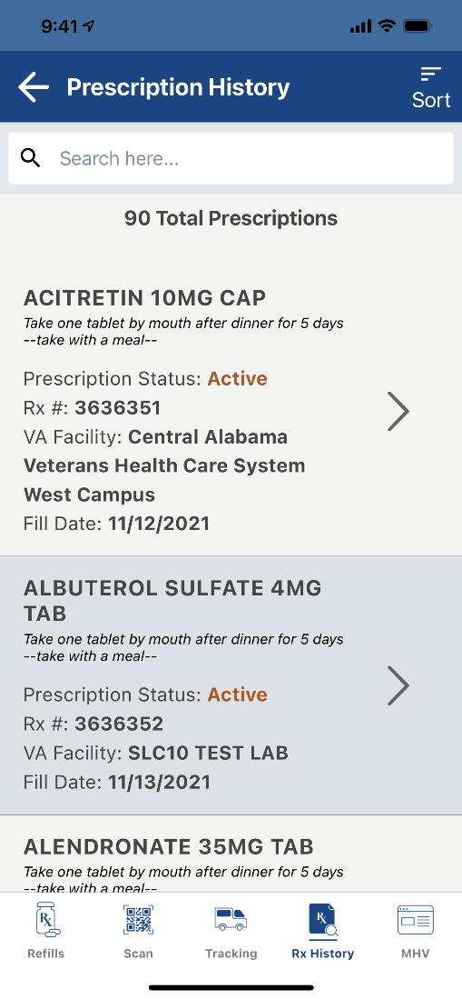 screenshot of Prescription History view